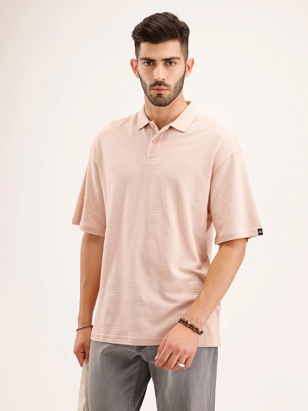 Textured Oversized Polo T-Shirt | Pink