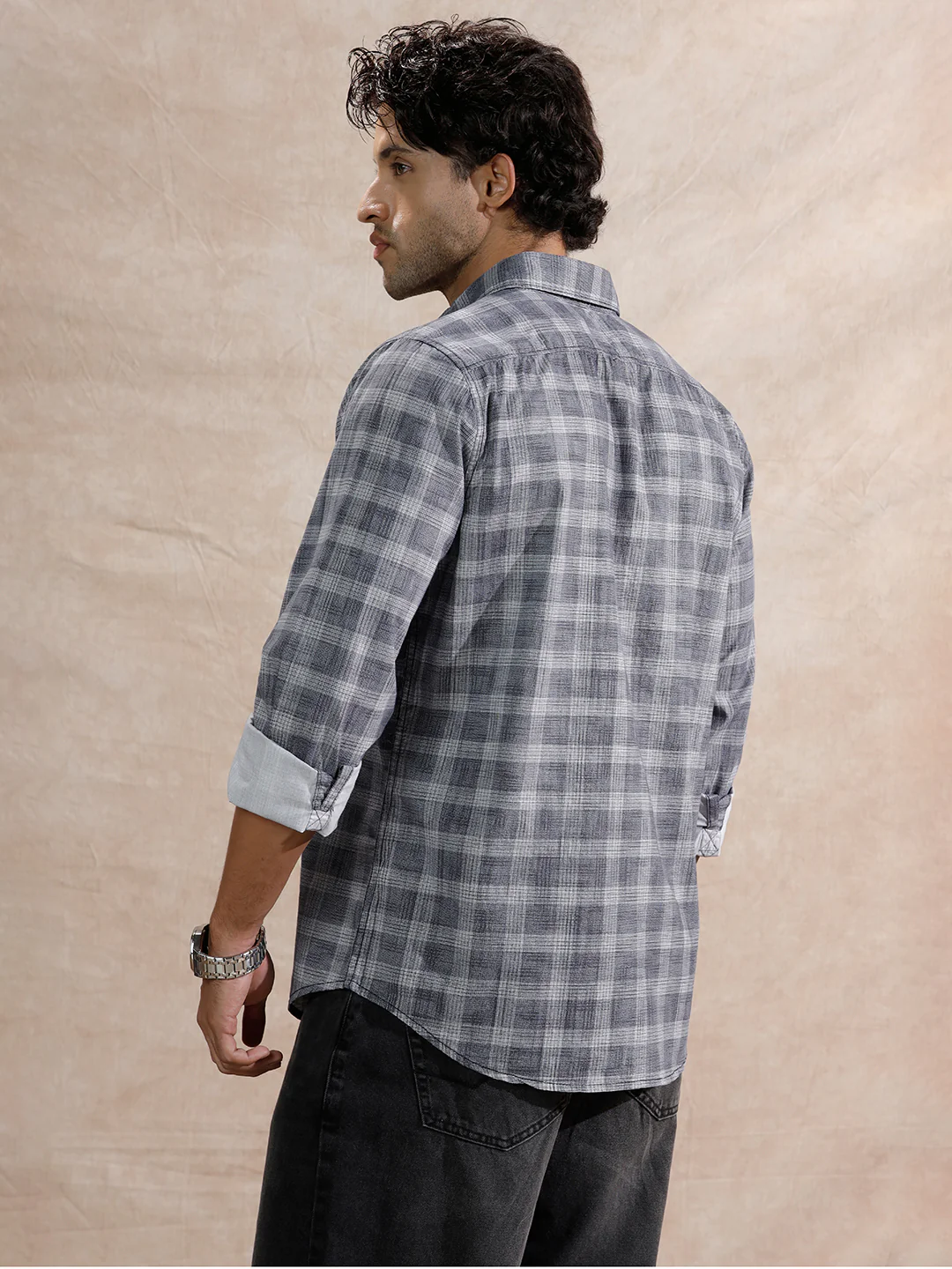 Textured Printed Checks Regular Fit Shirt | Navy Blue - Image 3