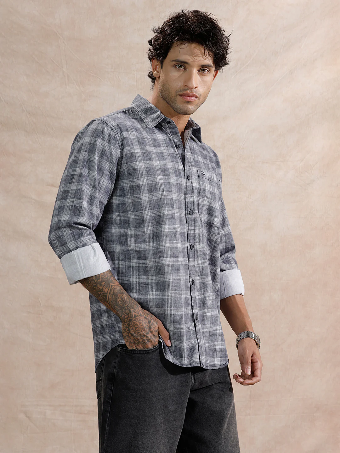 Textured Printed Checks Regular Fit Shirt | Navy Blue - Image 4