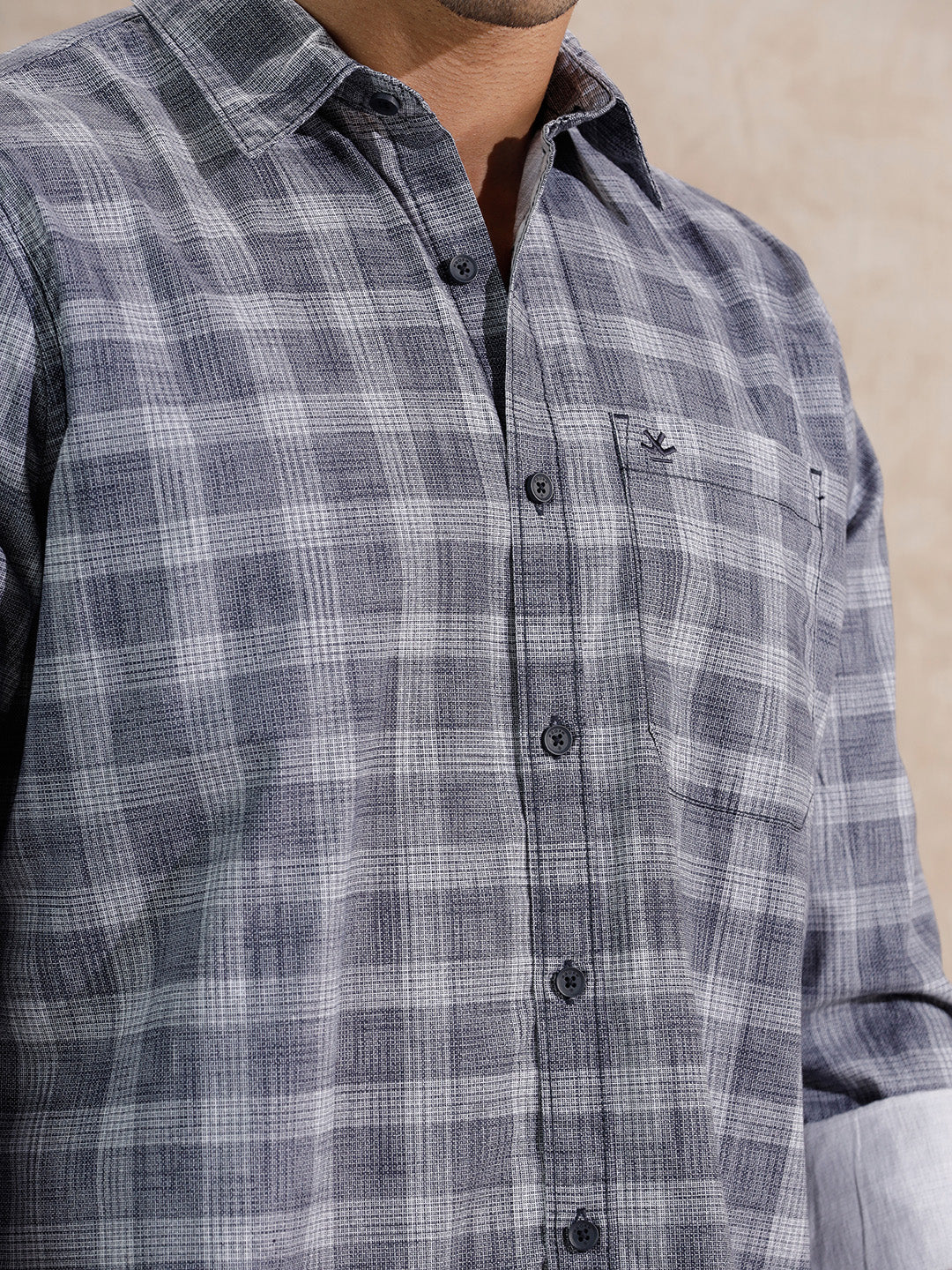 Textured Printed Checks Regular Fit Shirt | Navy Blue - Image 5