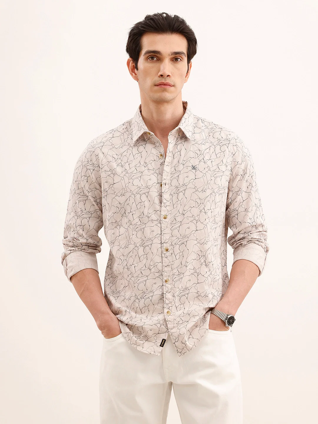 Textured Regular Fit AOP Shirt | Beige
