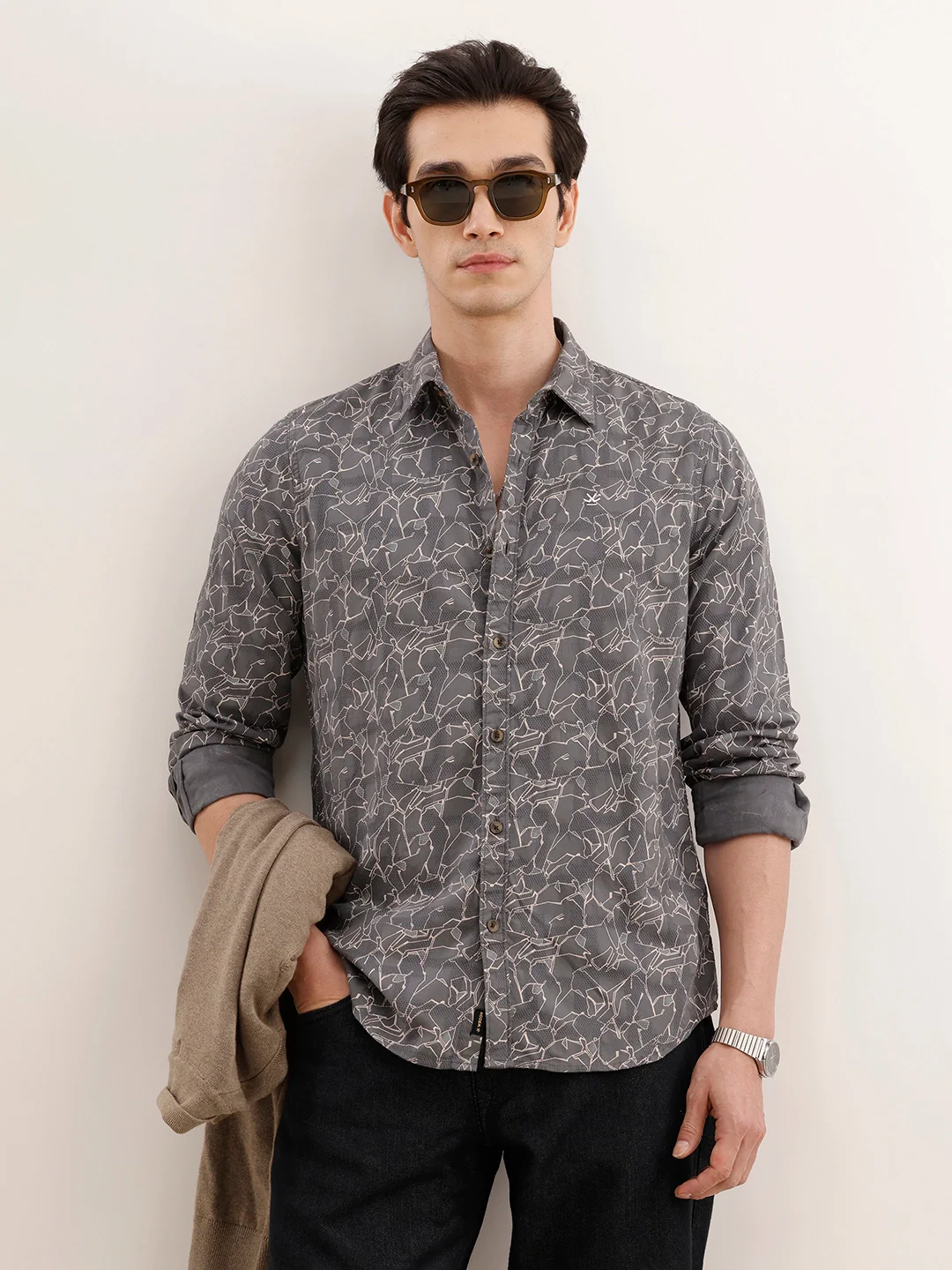 Textured Regular Fit AOP Shirt | Grey
