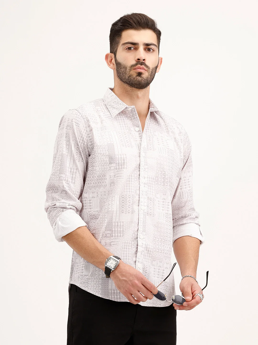 Textured Regular Fit AOP Shirt | Grey