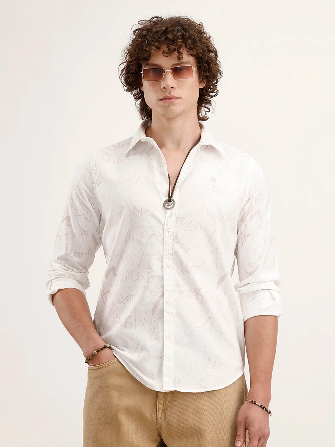 Textured Regular Fit AOP Shirt | White