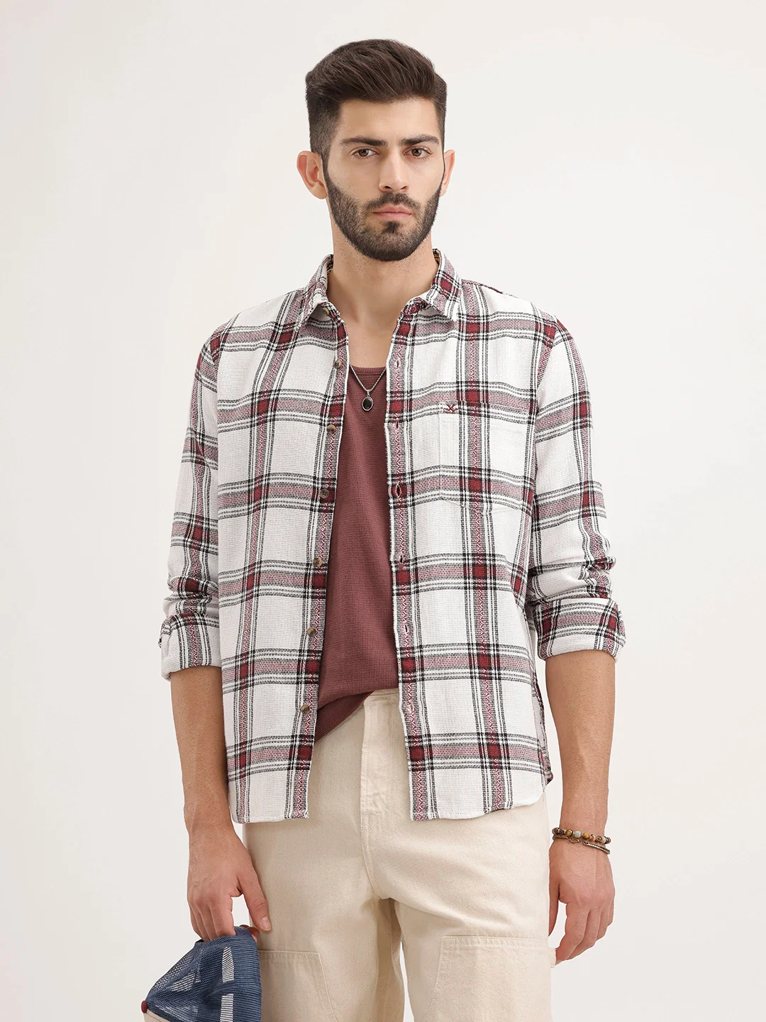 Textured Regular Fit Checkered Shirt | Maroon