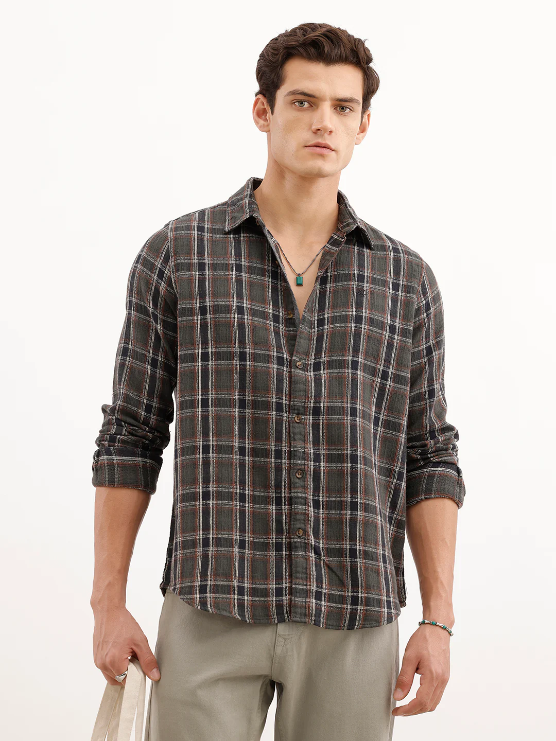 Textured Slim Fit Checekerd Shirt | Olive