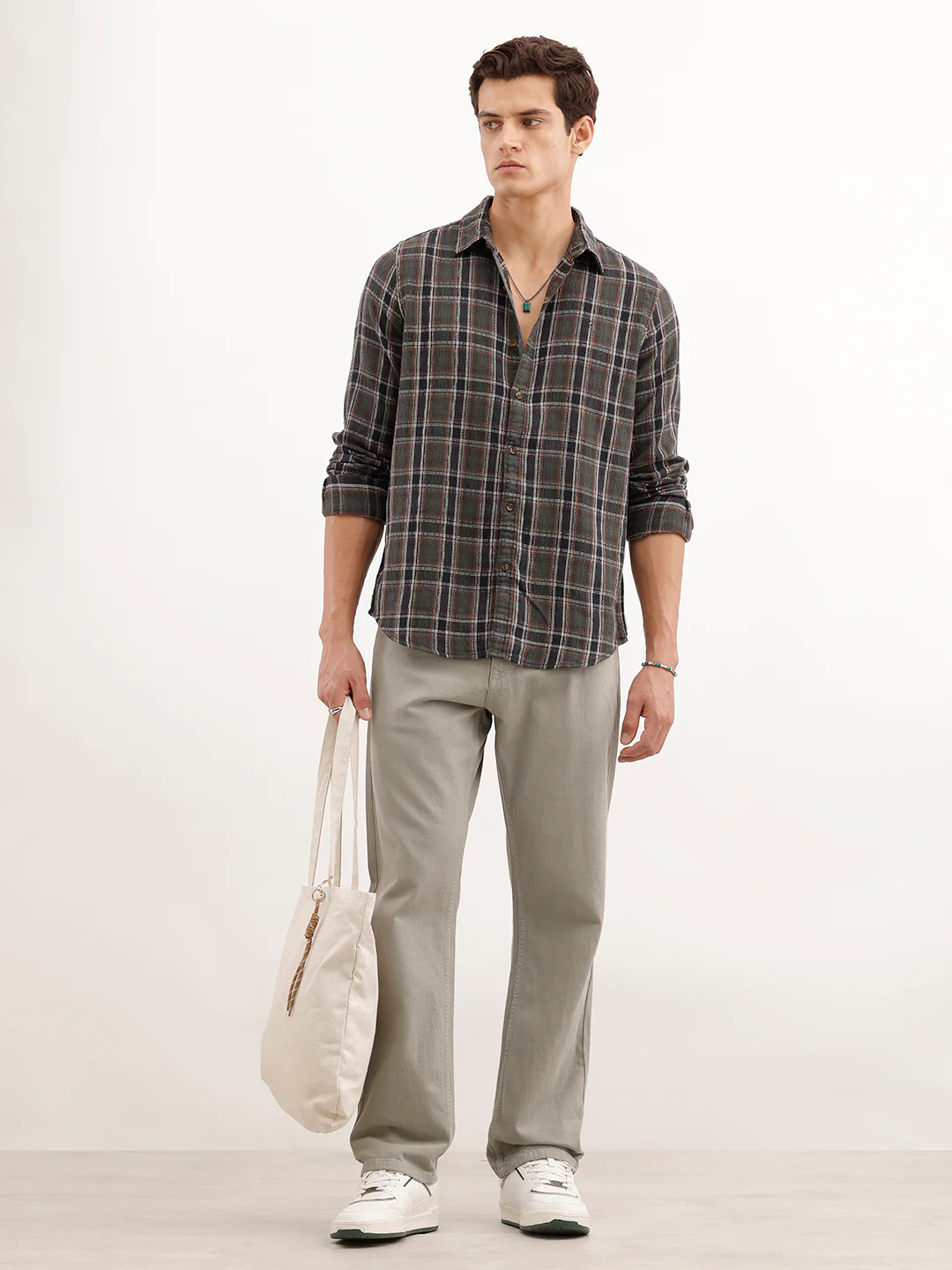 Textured Slim Fit Checekerd Shirt | Olive - Image 2