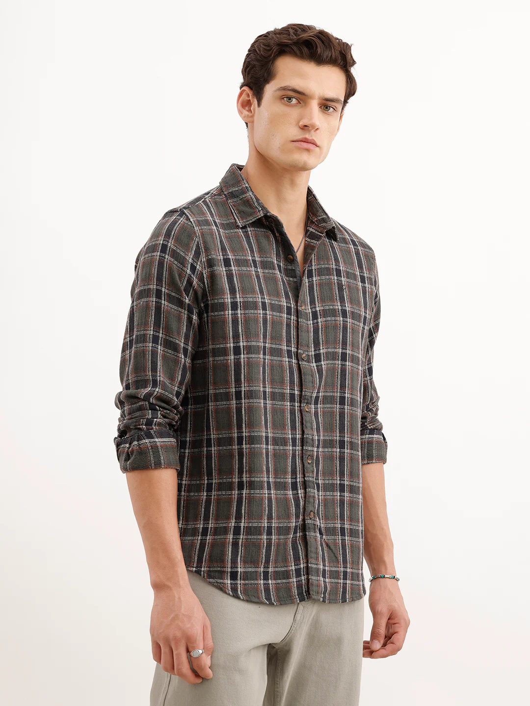 Textured Slim Fit Checekerd Shirt | Olive - Image 4