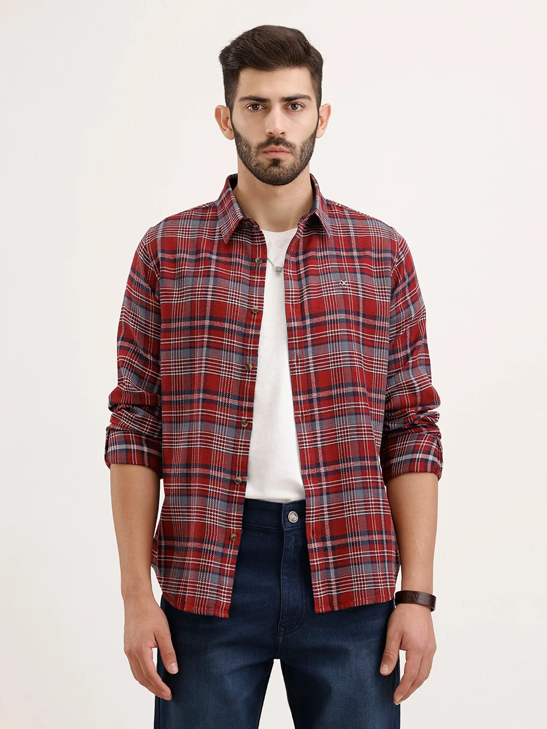 Textured Slim Fit Checkered Shirt | Maroon