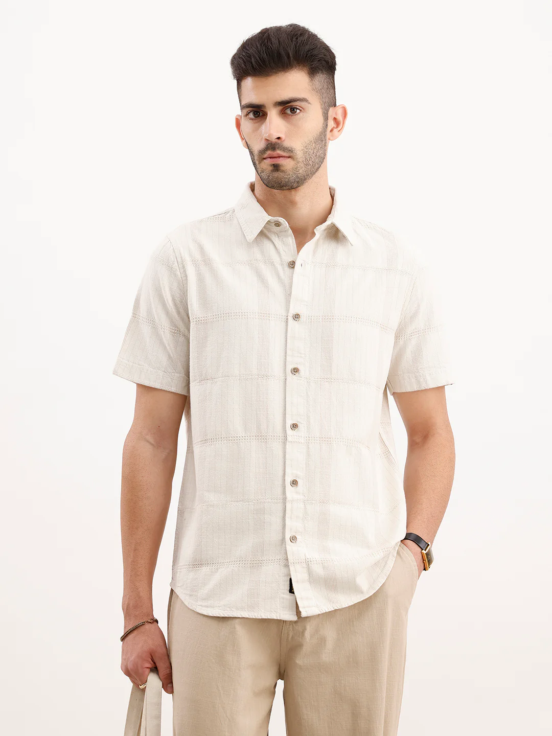 Textured Slim Fit Half Sleeved Shirt | Off White