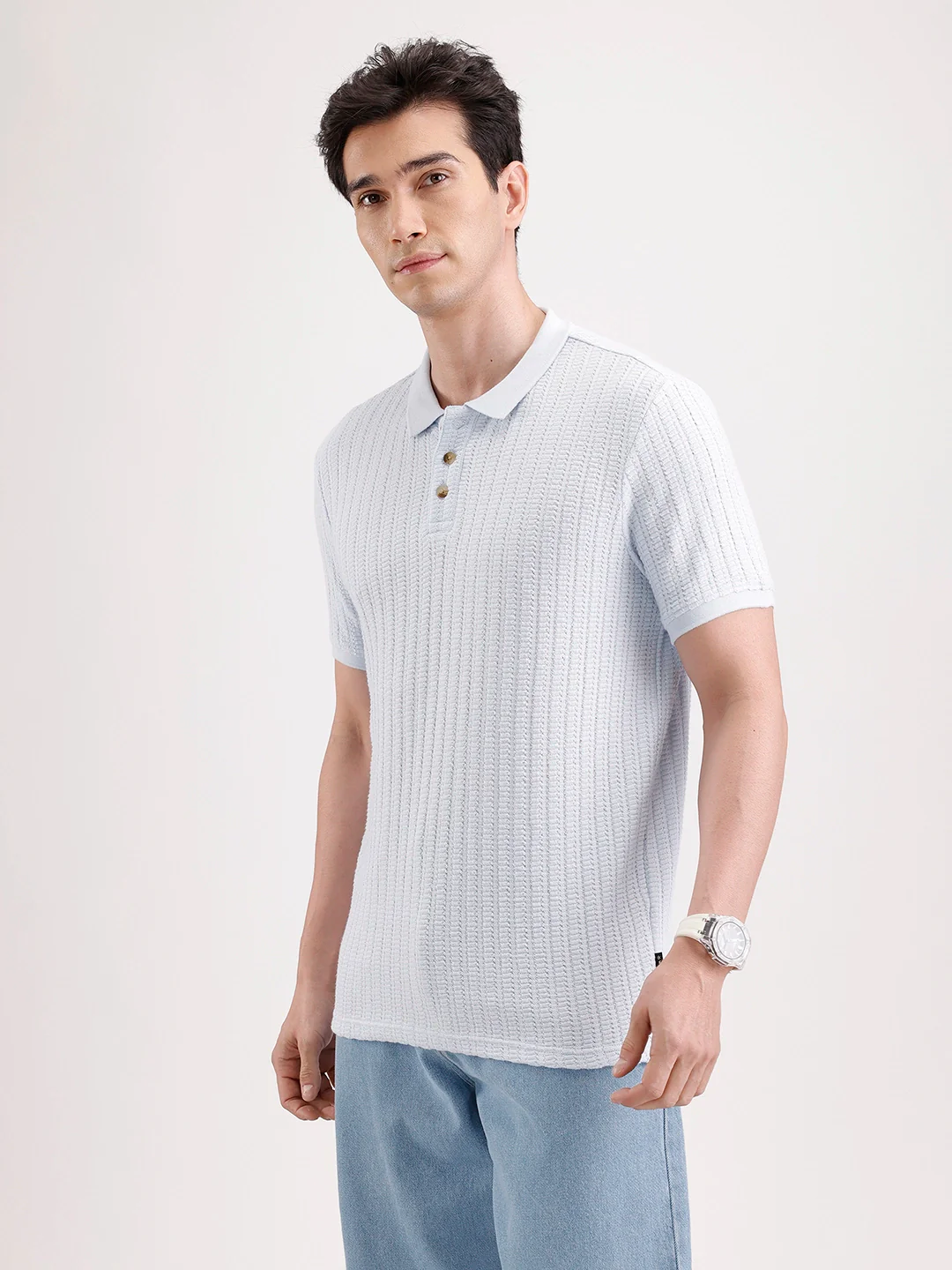 Textured Slim Fit Polo T-Shirt | Light Blue - Image 4