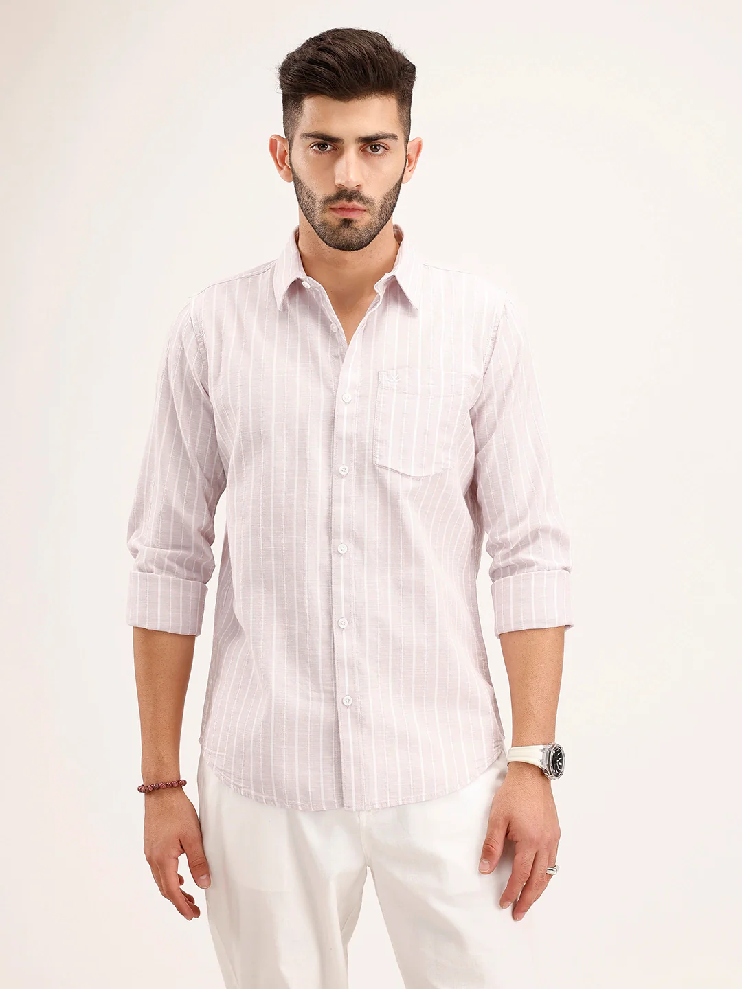 Textured Slim Fit Striped Shirt | Pink
