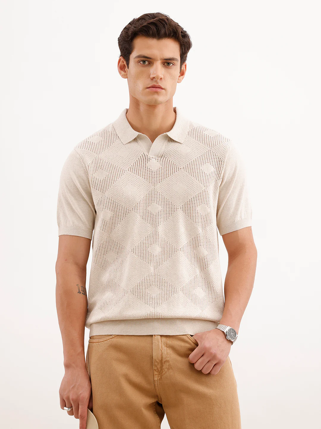 Textured Slim Fit T-Shirt  | Ecru