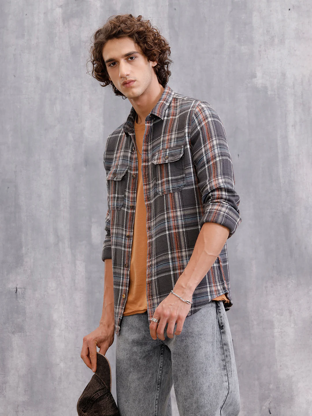 Textured Utility Check Shirt In Slim Fit | Dark Grey - Image 3