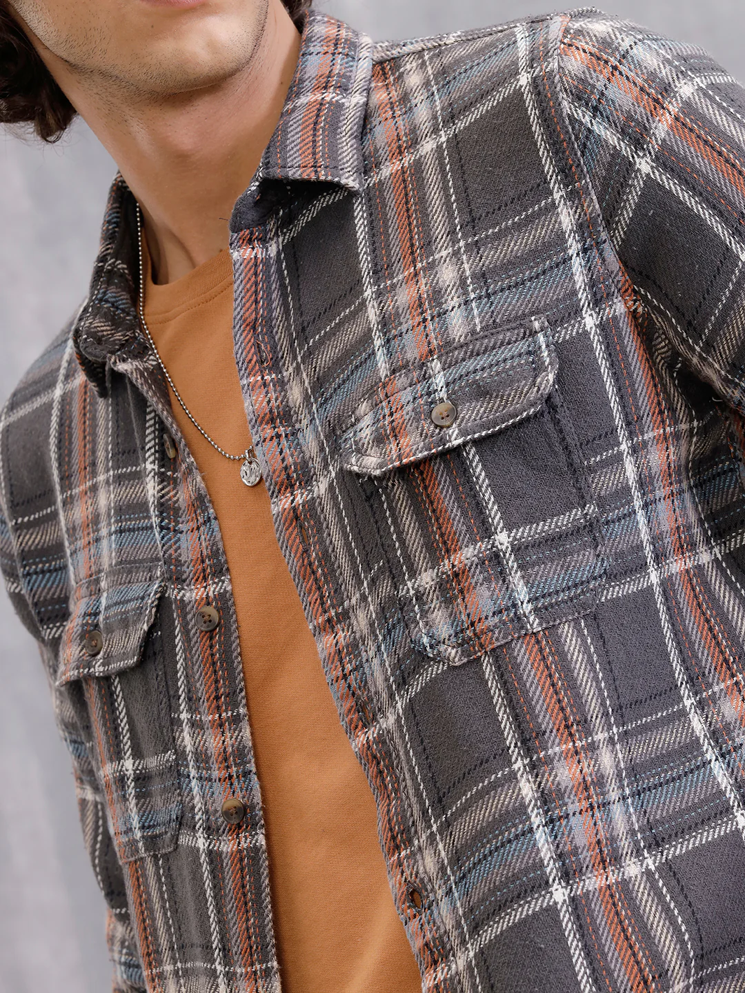 Textured Utility Check Shirt In Slim Fit | Dark Grey - Image 6