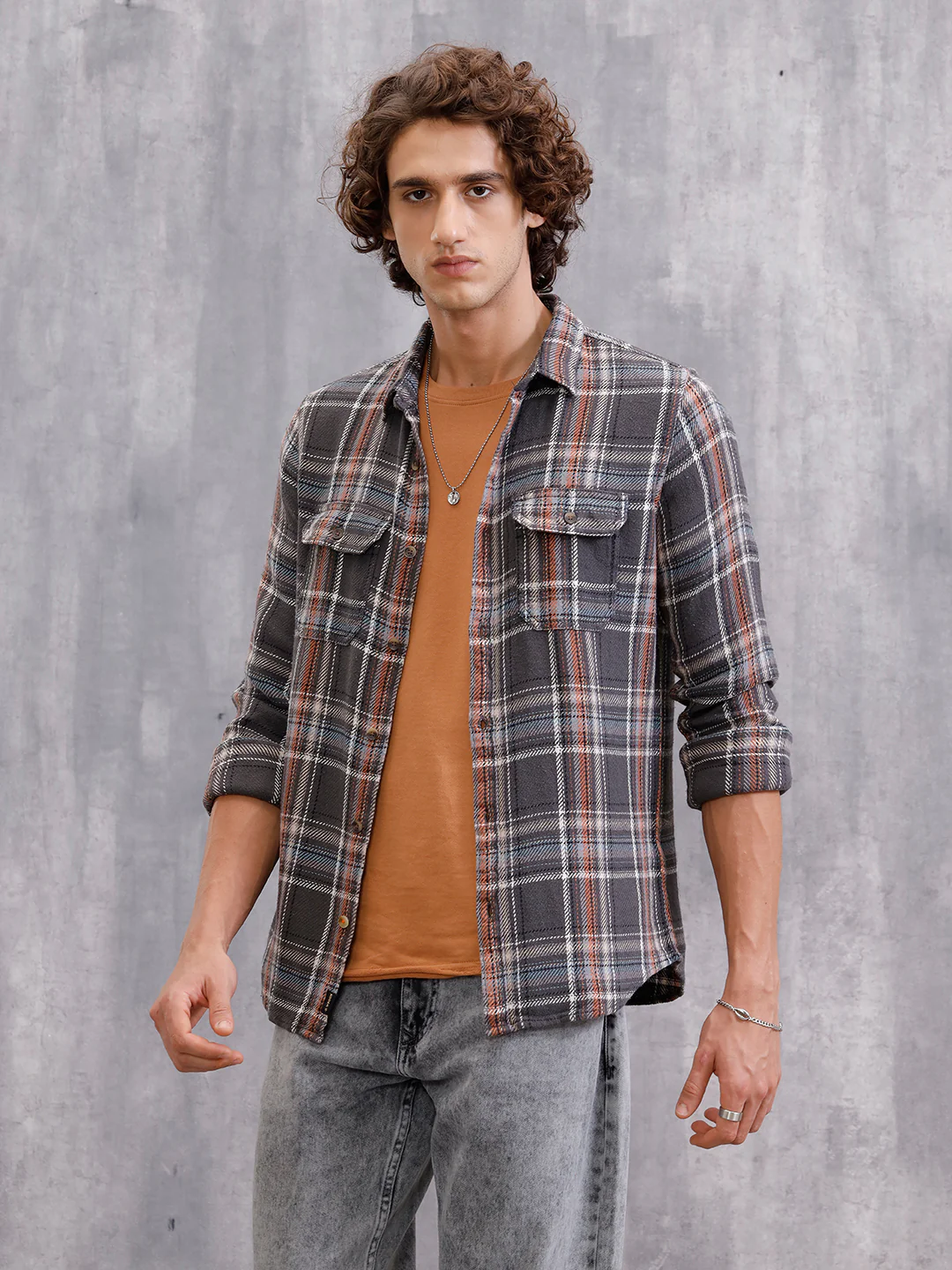 Textured Utility Check Shirt In Slim Fit | Dark Grey - Image 7
