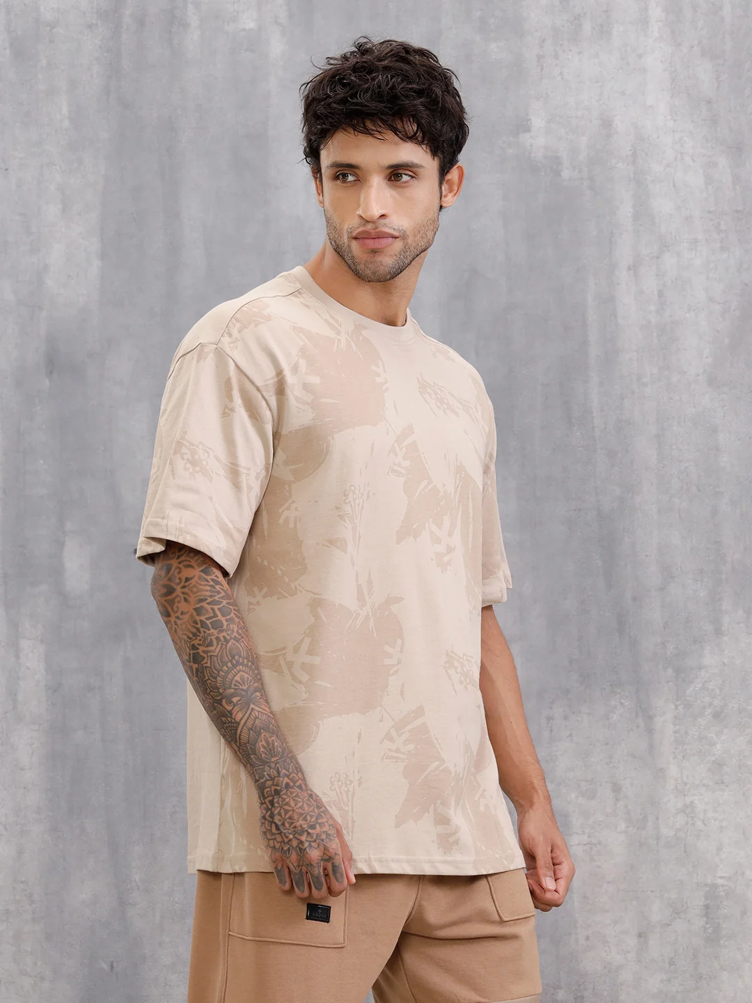 Tonal Aop Printed Oversized Fit T-shirt | Khaki - Image 4
