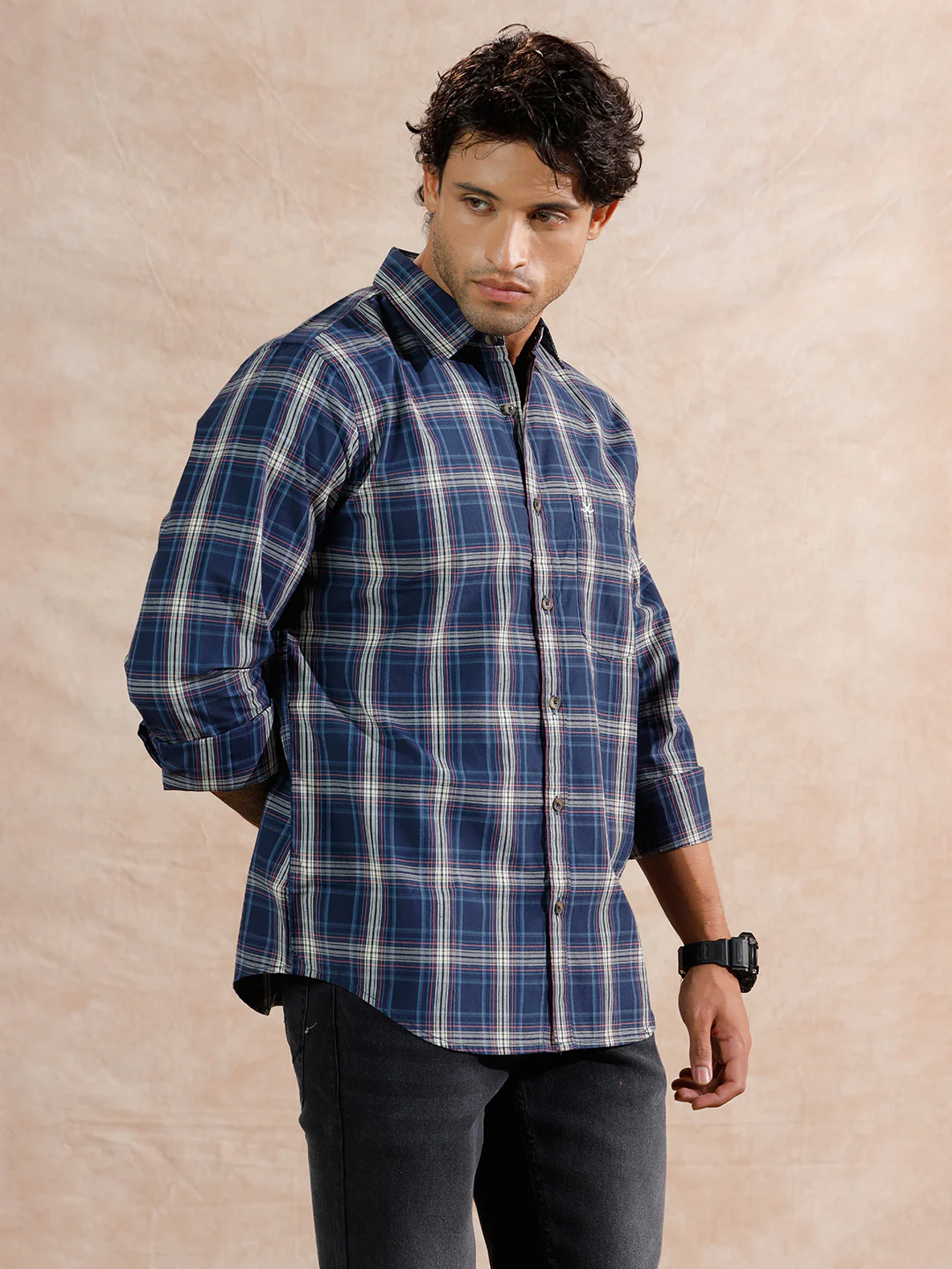 Variegated Checks Regular Fit Shirt | Navy Blue - Image 4