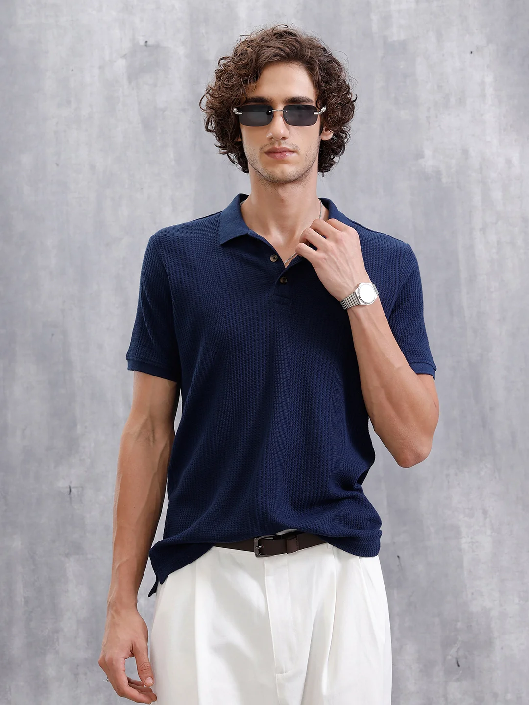 Waffle Textured Polo T-Shirt - | Navy Blue - Image 4
