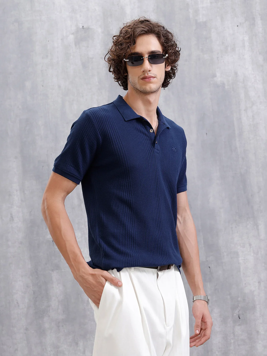 Waffle Textured Polo T-Shirt - | Navy Blue - Image 7