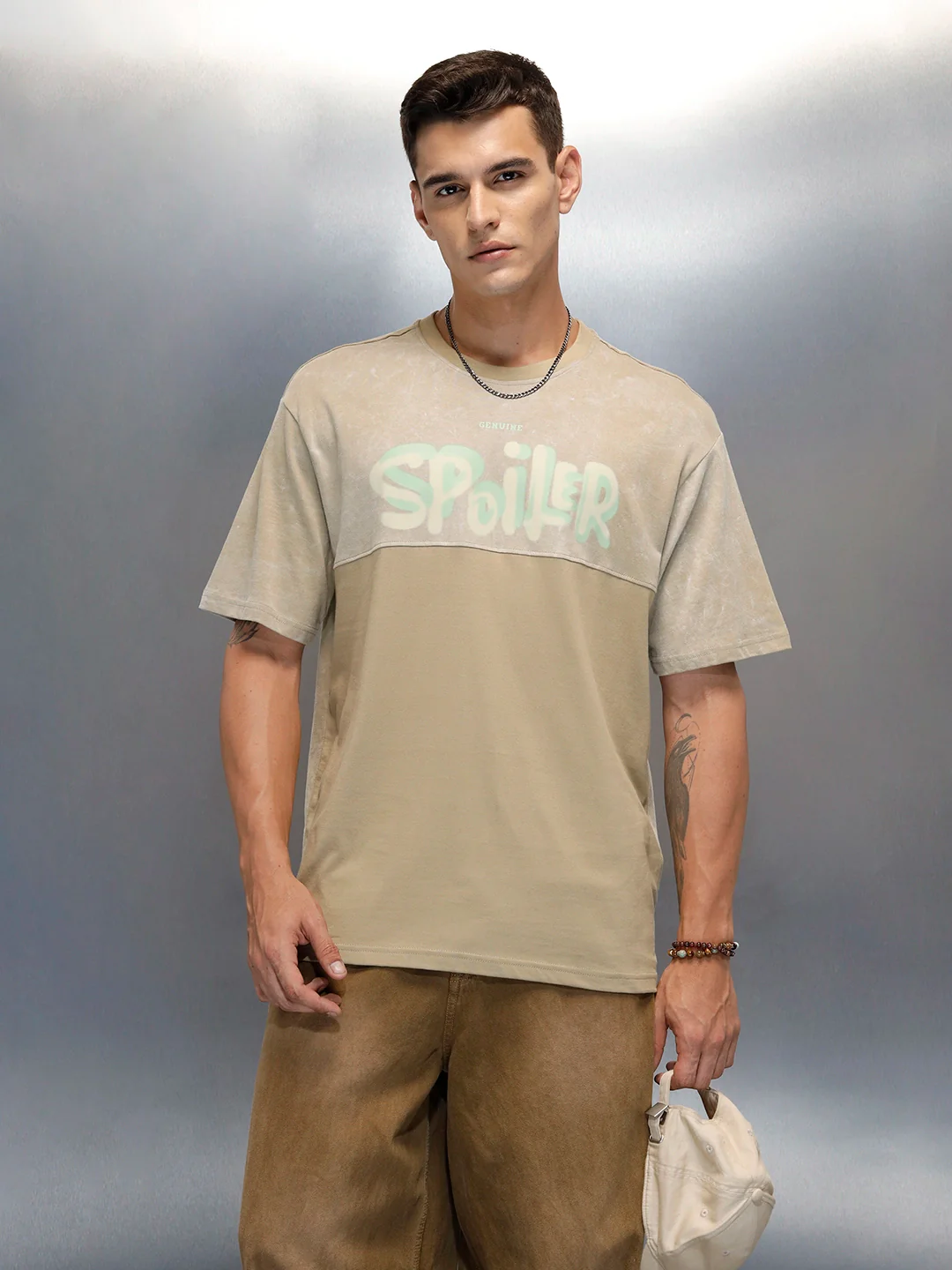 Washed Graphic Printed Oversized Fit T-Shirt | Khaki