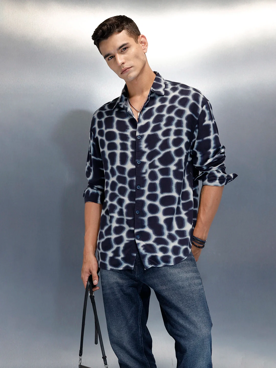 Wrogn Abstract Printed Oversized Fit Shirt | Blue