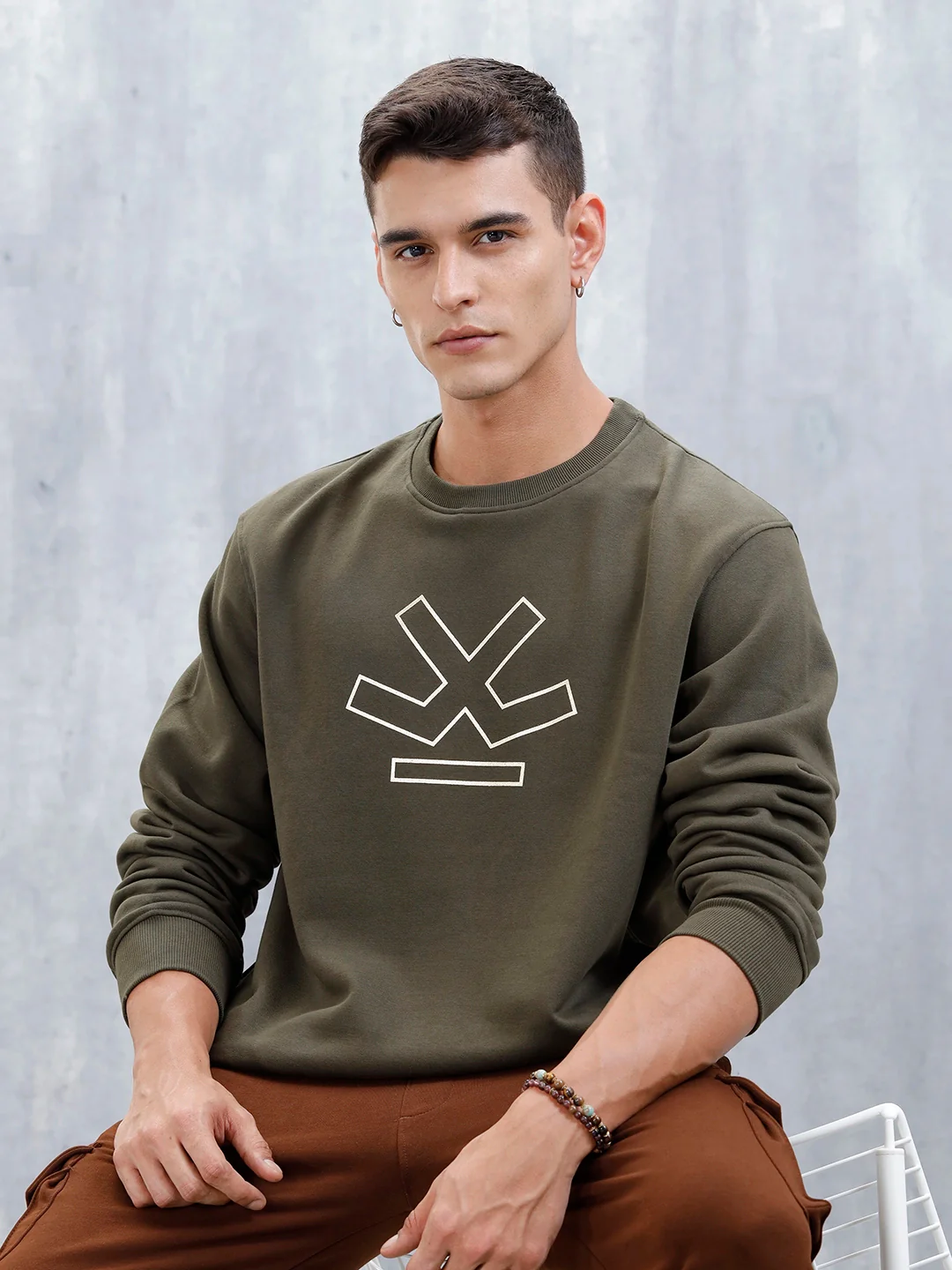 Wrogn Comfort Fit Graphic Sweatshirt For Men | Olive