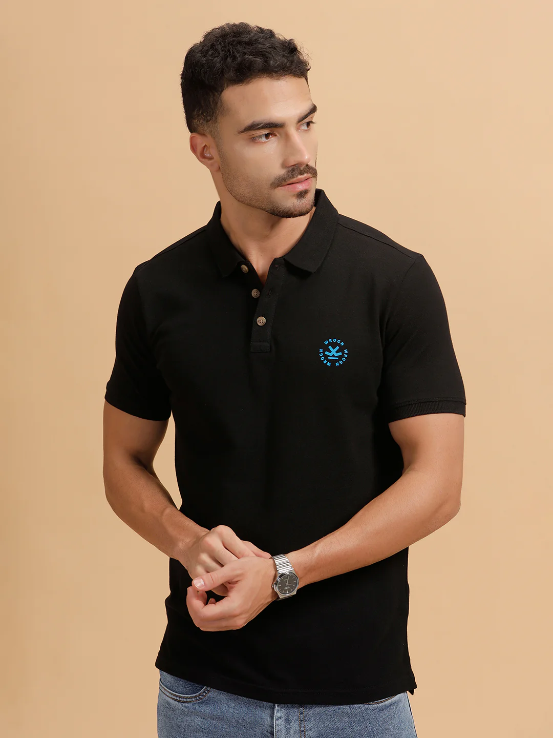 Wrogn Crest Print Polo T-Shirt | Black