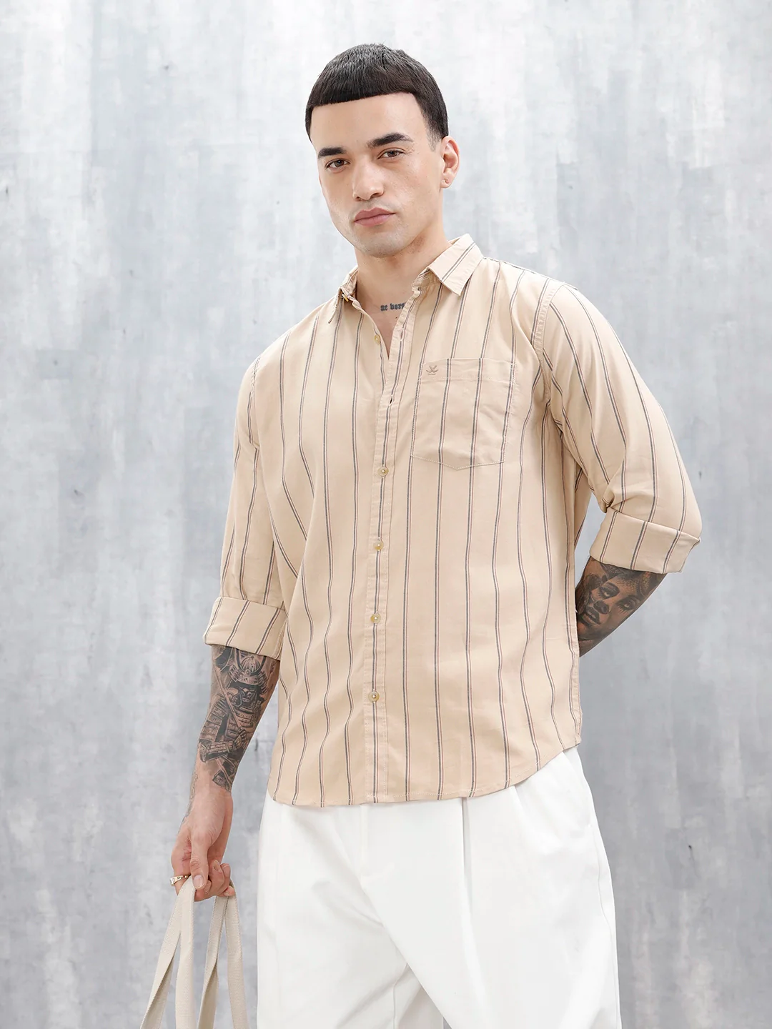 Wrogn Men’S Regular Fit Striped Shirt | Khaki