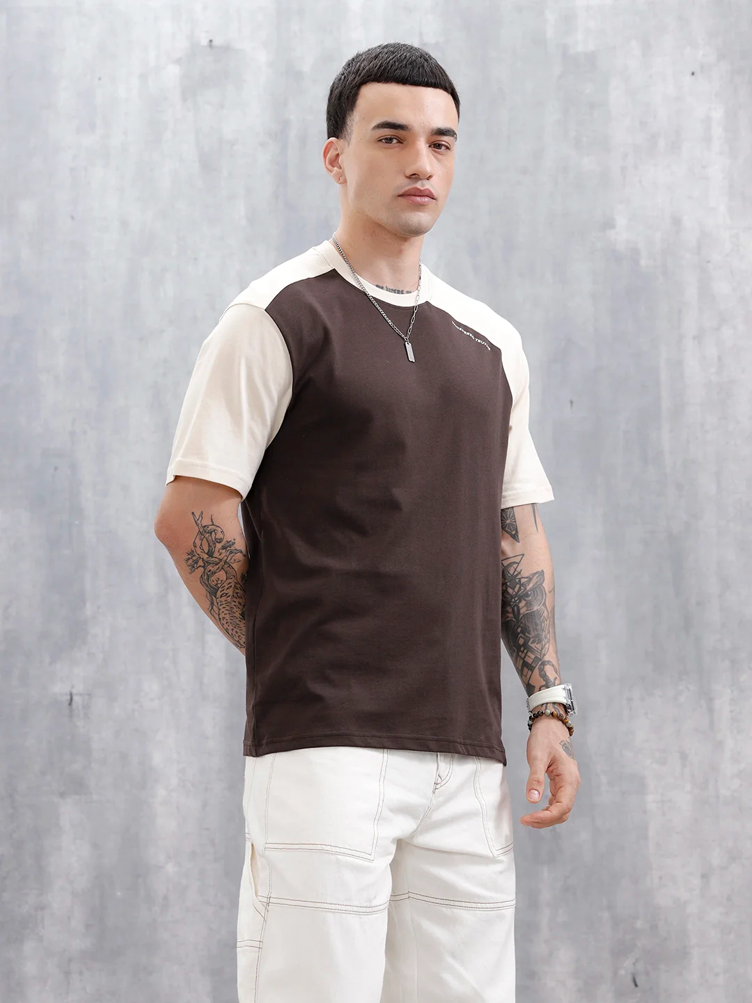 Wrogn Men's Casual Colorblocked T-Shirt | Dark Brown - Image 4