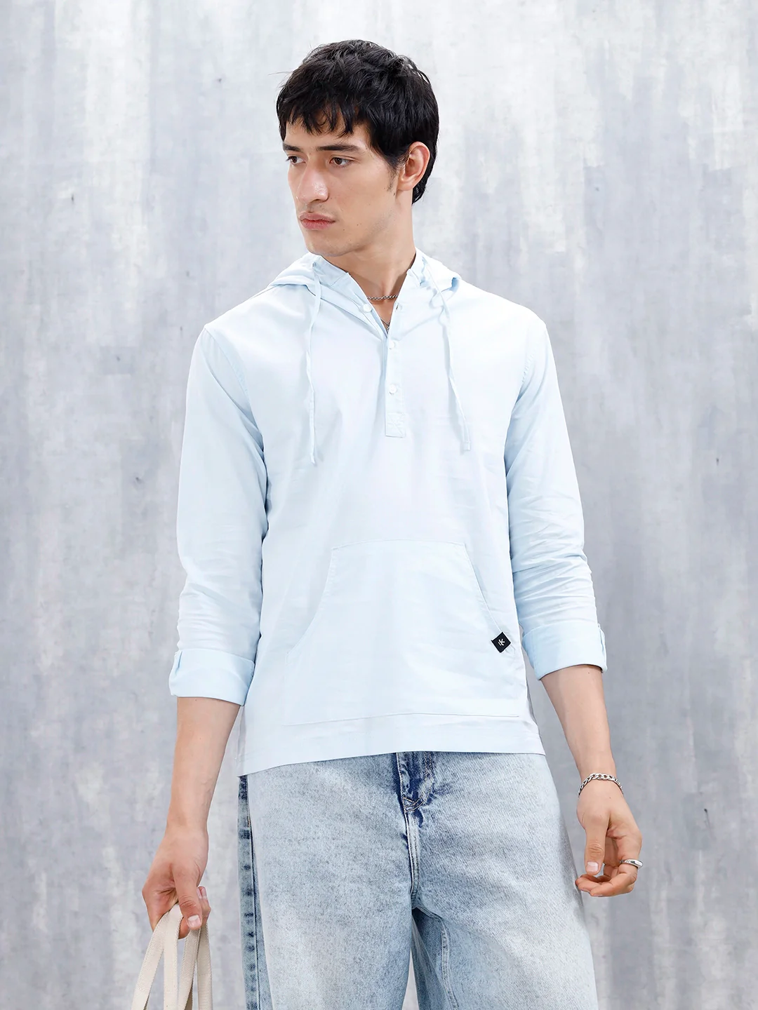 Wrogn Men's Casual Hooded Henley Shirt | Light Blue