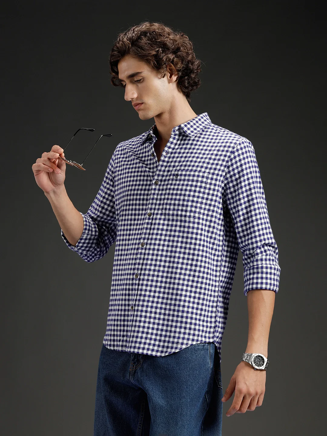 Wrogn Men's Classic Gingham Checked Shirt | Navy Blue