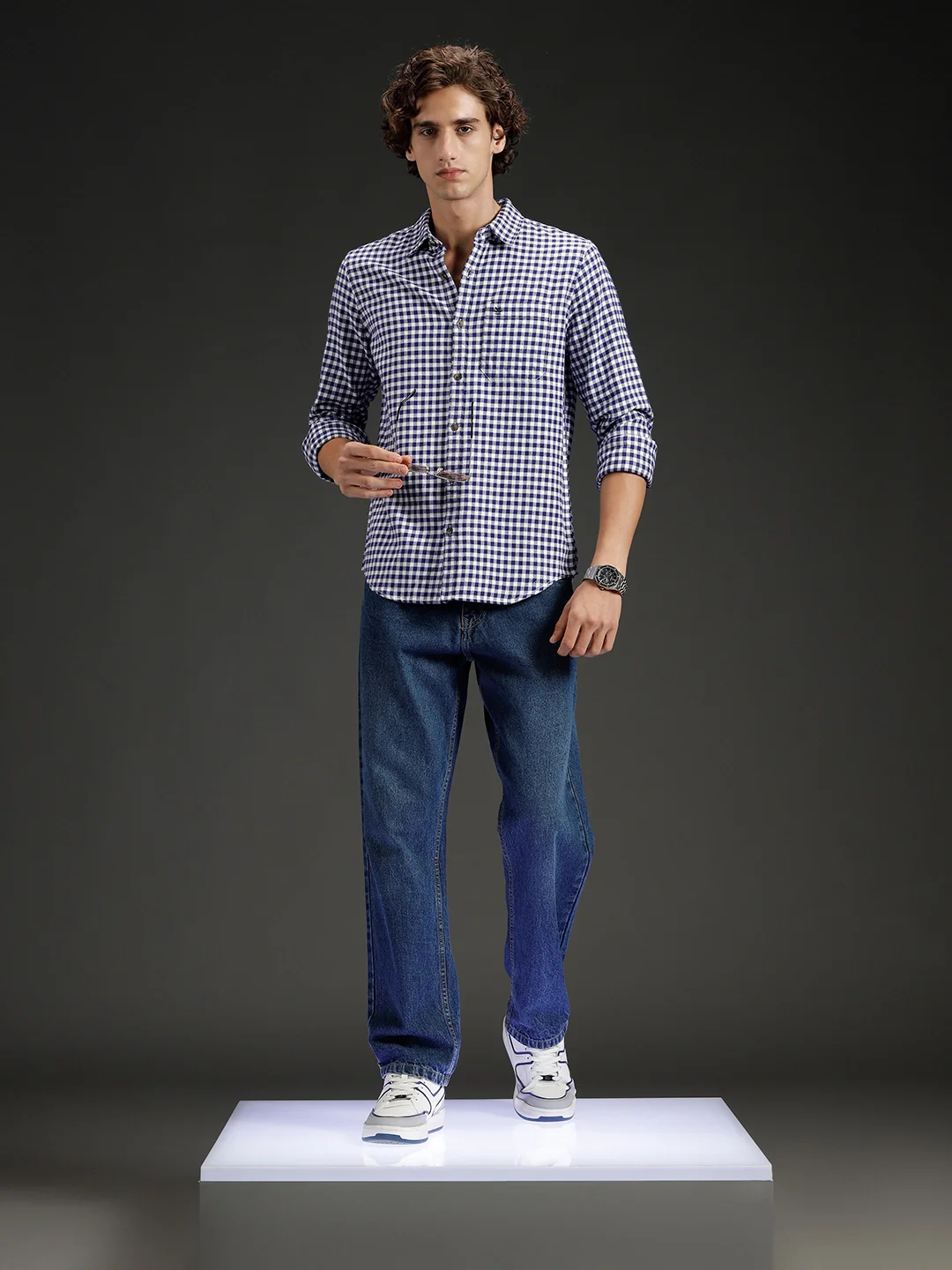 Wrogn Men's Classic Gingham Checked Shirt | Navy Blue - Image 2