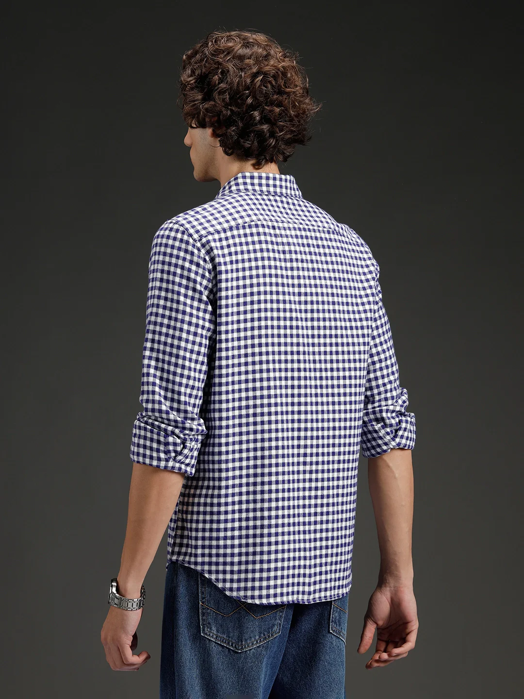Wrogn Men's Classic Gingham Checked Shirt | Navy Blue - Image 3