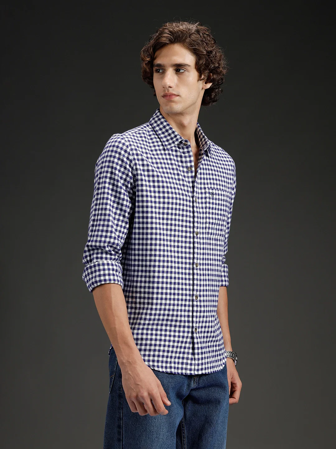 Wrogn Men's Classic Gingham Checked Shirt | Navy Blue - Image 4