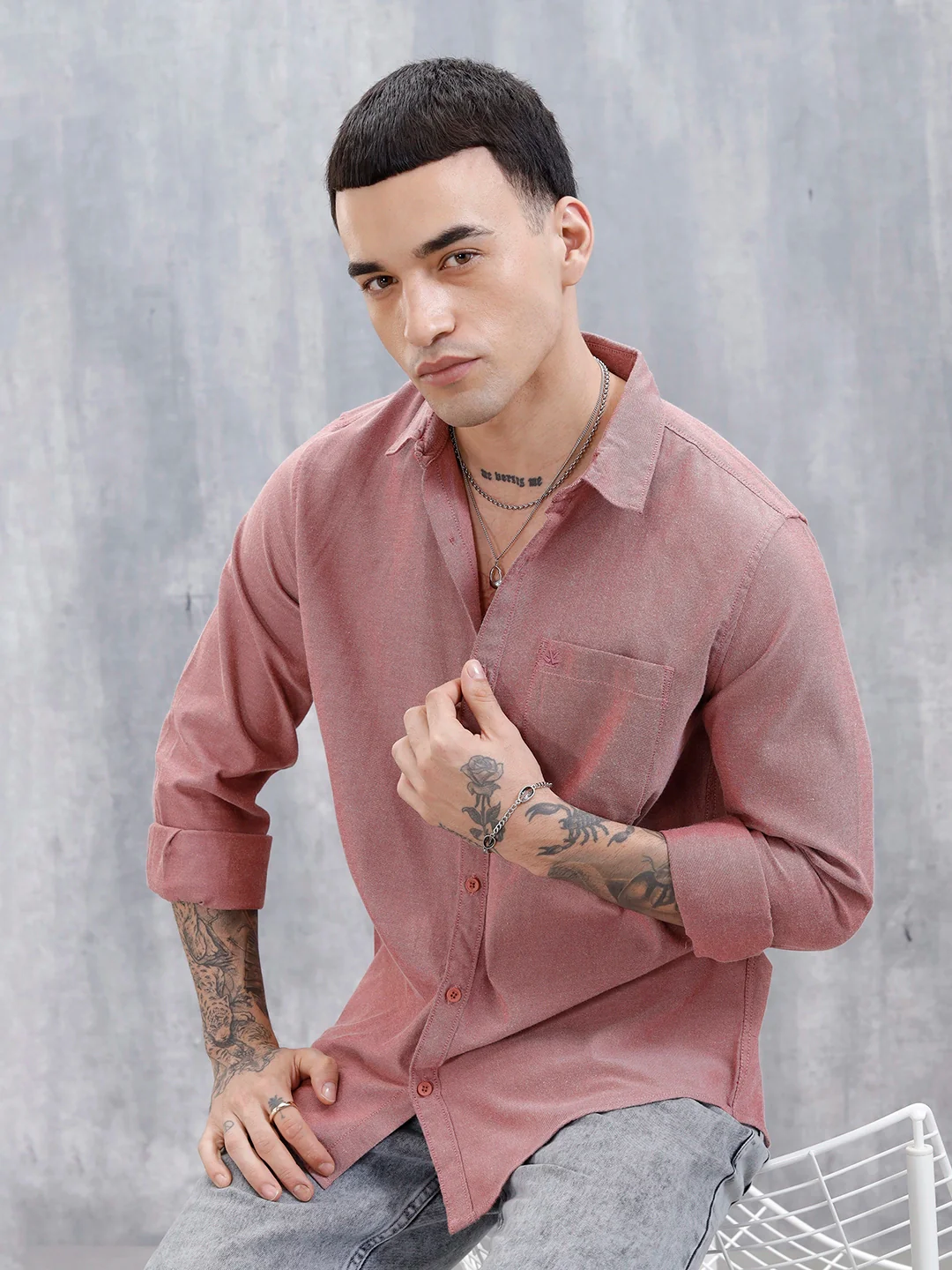 Wrogn Men's Classic Spread Collar Slim Fit Shirt | Red