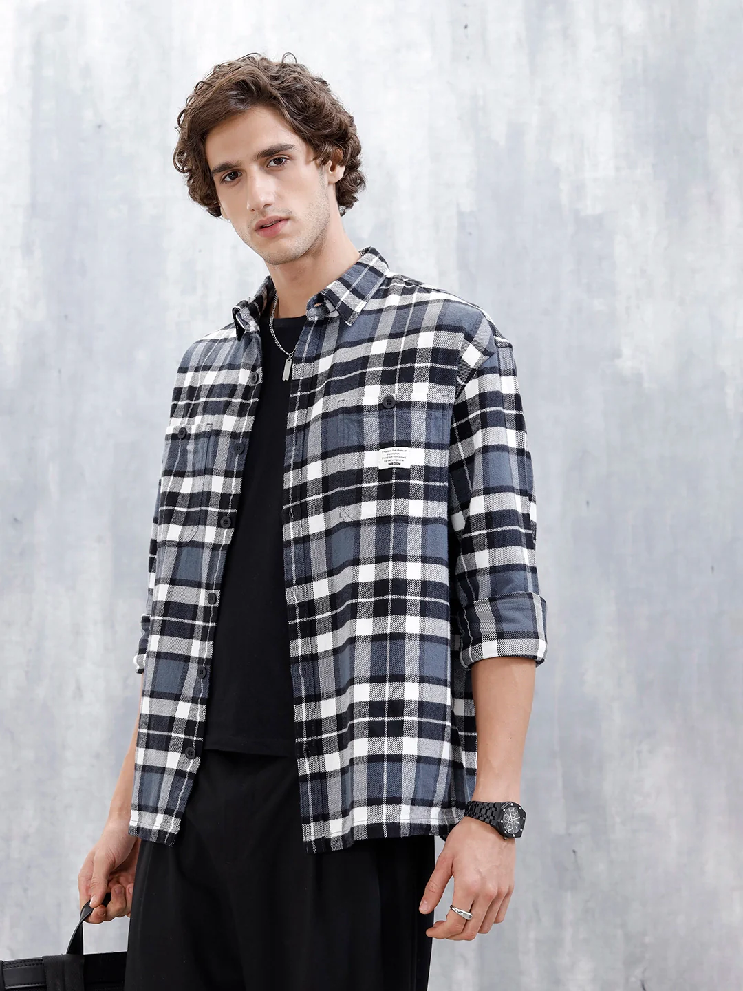 Wrogn Men's Oversized Checks Shirt | Grey