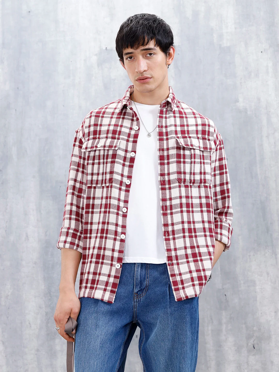 Wrogn Men's Oversized Double Pocket Checks Shirt | Red