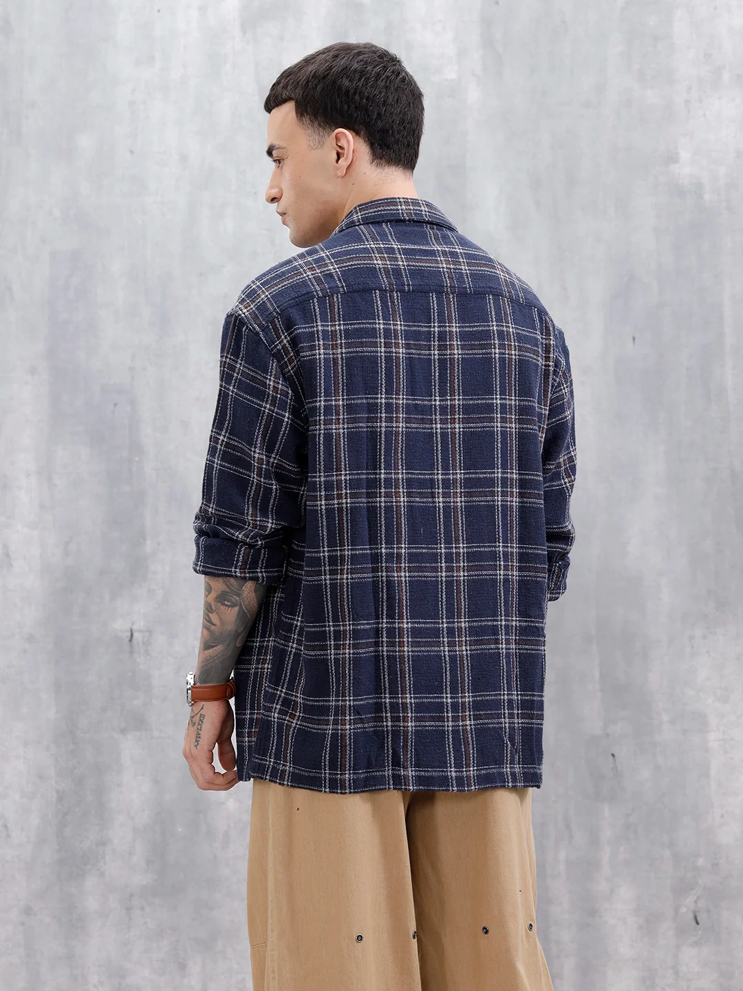Wrogn Men's Oversized Double Pocket Textured Checks Shirt | Navy Blue - Image 3
