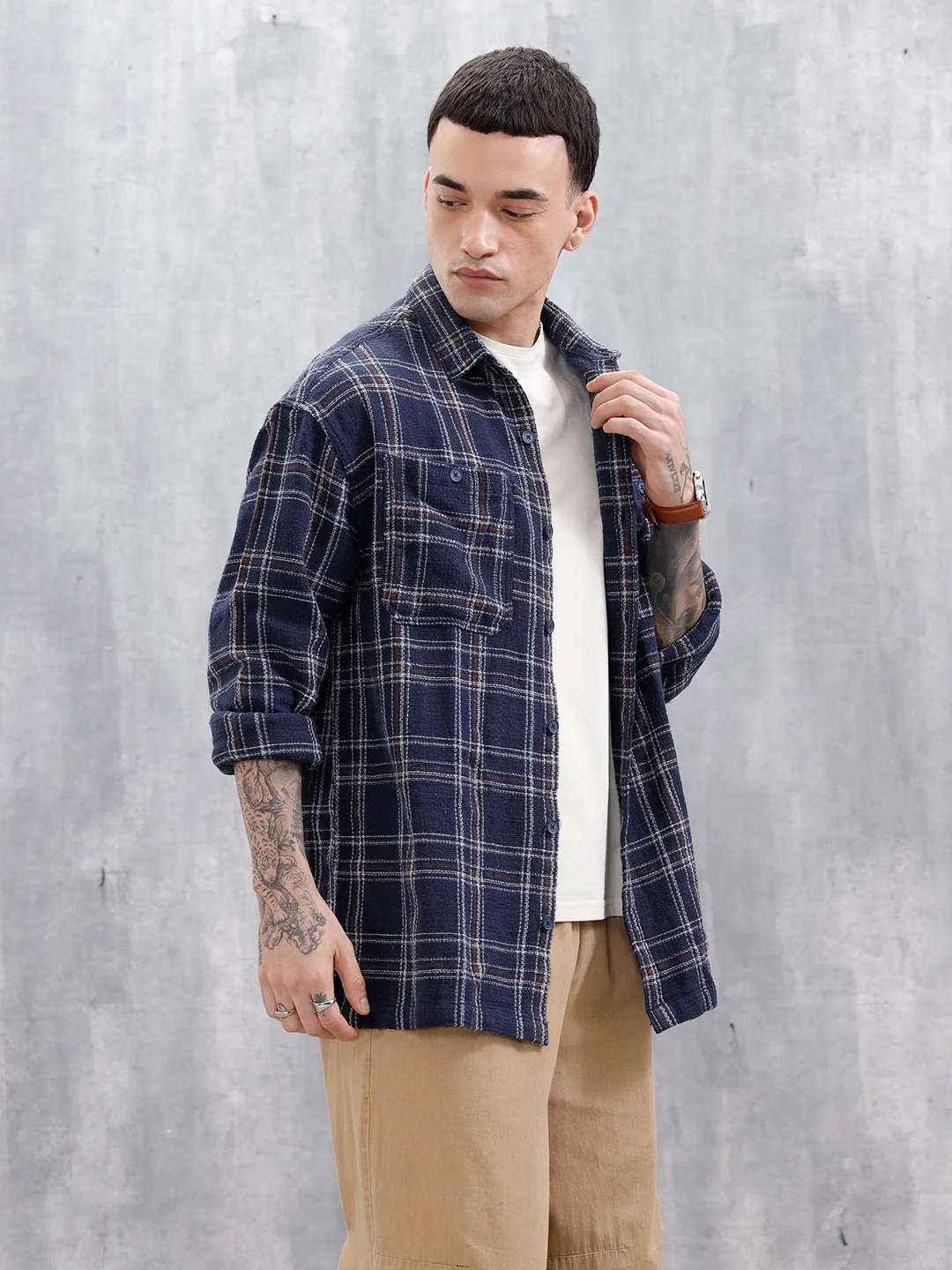 Wrogn Men's Oversized Double Pocket Textured Checks Shirt | Navy Blue - Image 4