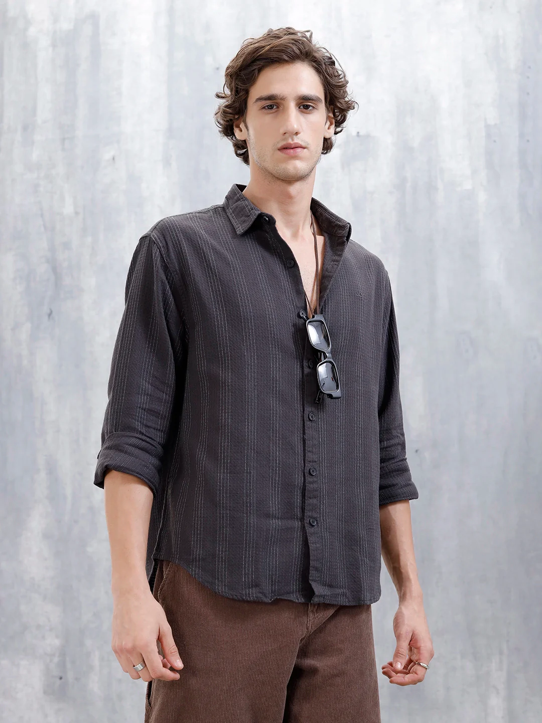 Wrogn Men's Self Stripe Structured Shirt  | Dark Grey