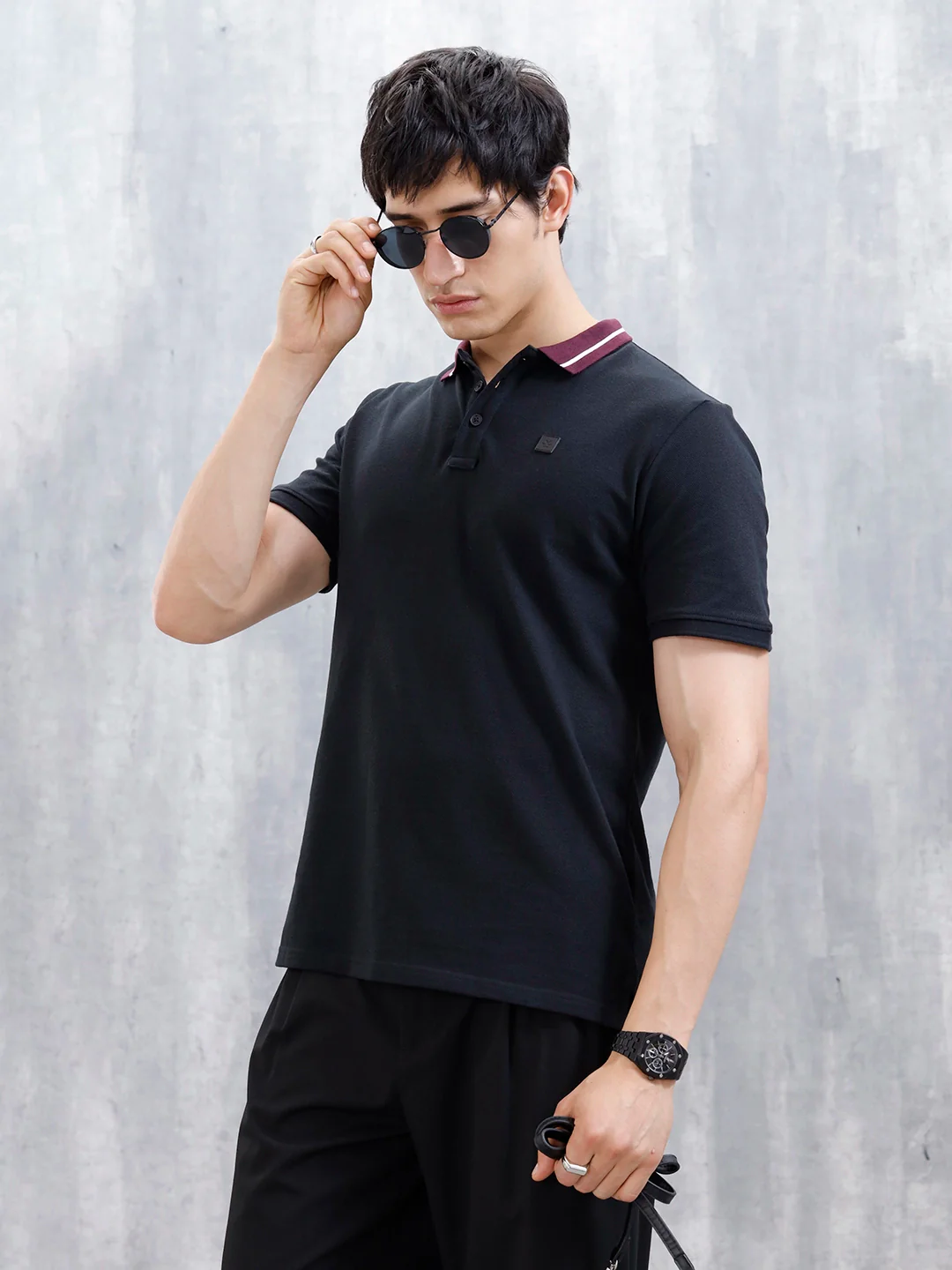 Wrogn Men's Slim Fit Polo T-Shirt With Contrast Collar | Black