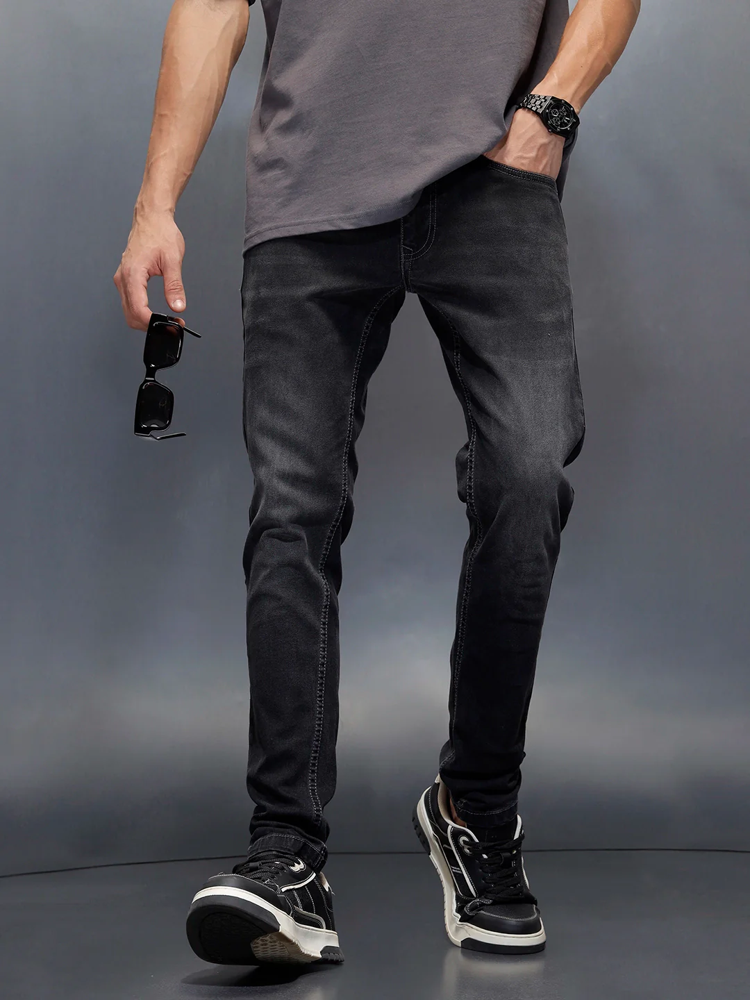 Wrogn Men's Slim Tapered Fit Jeans | Grey