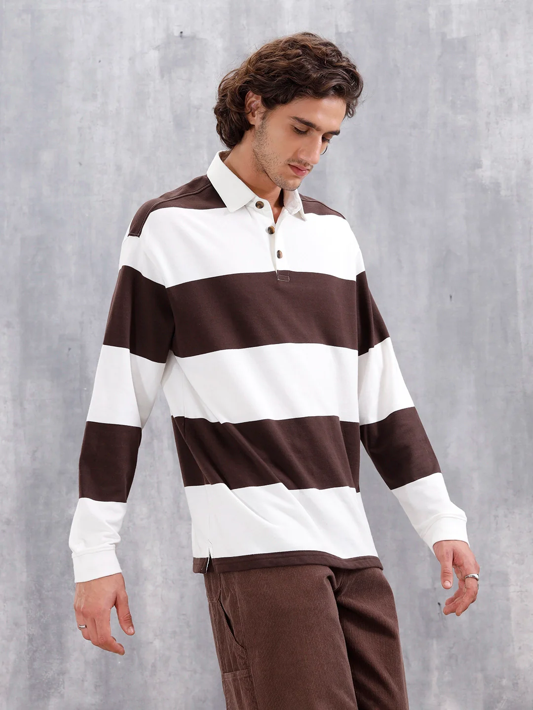Yarn Dyed Striped Rugby Polo With Twill Collar | Brown - Image 6